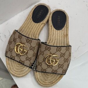 Gucci Women's Brown Espadrille Slides with Gold Logo